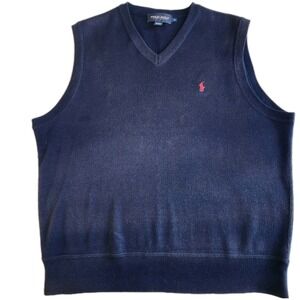 POLO GOLF RALPH LAUREN Sweater Vest Mens Medium Navy Blue V-Neck Red Pony